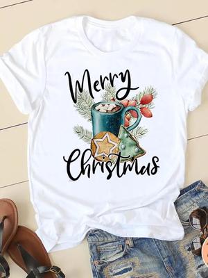 Weihnachten Aquarell Stil Niedlich 90er Mode Print T-Shirt Neujahr Damen Kleidung O-Ausschnitt Grafik Damen Lässig Damen Shirt Tee