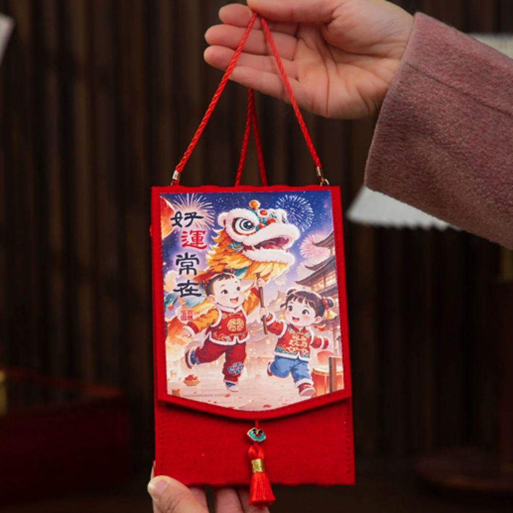 Traditional Spring Festival Cloth Red Envelopes Rectangular Chinese Style Lucky Money Packet with Hanging Rope Reusable