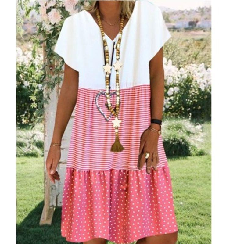 

V Neck Summer Polka Dot Loose Digital Short Sleeve Dress Red 3XL