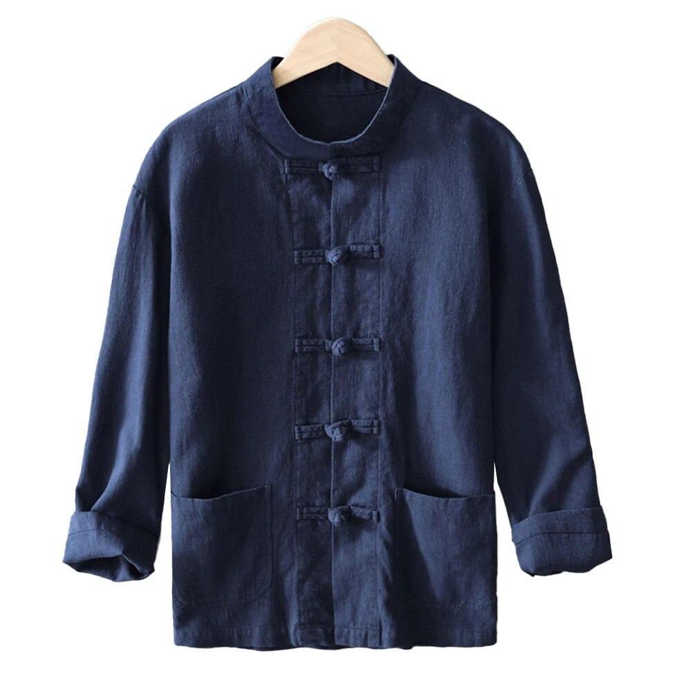 Button ramie long-sleeved Guochao-covered ancient cotton and linen shirt men's Chinese style youth casual stand-up collar loose linen lining