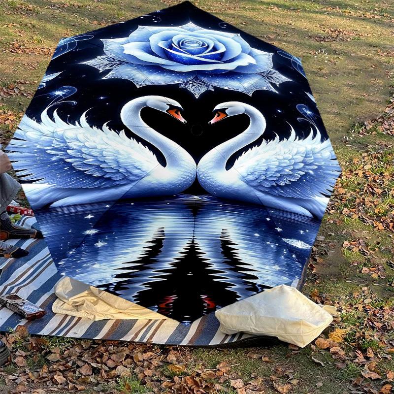 1pc Swan Love Automatic Open/Close Umbrella Compact Folding Umbrella with 8-Rib Shaft for Women/Men, Portable Travel Umbrella,1192S