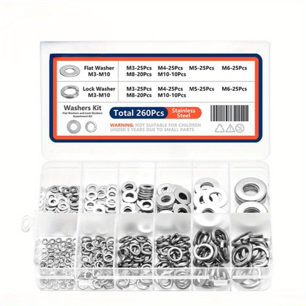 

1 комплект коробочной прокладки из нержавеющей стали 304, винт из нержавеющей стали плоская шайба M3-M10 пружинная шайба комбинация, набор из 260 штук 1 set