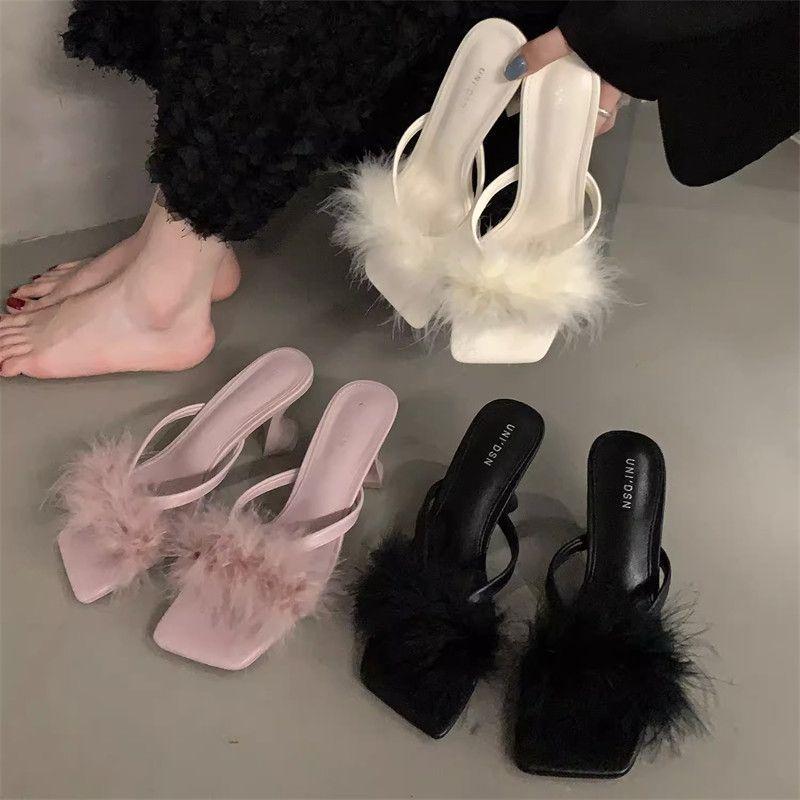 Niche High Heels Fluffy Slippers Women's Shoes Wear 2025 New Summer Fairy Style White Sandals