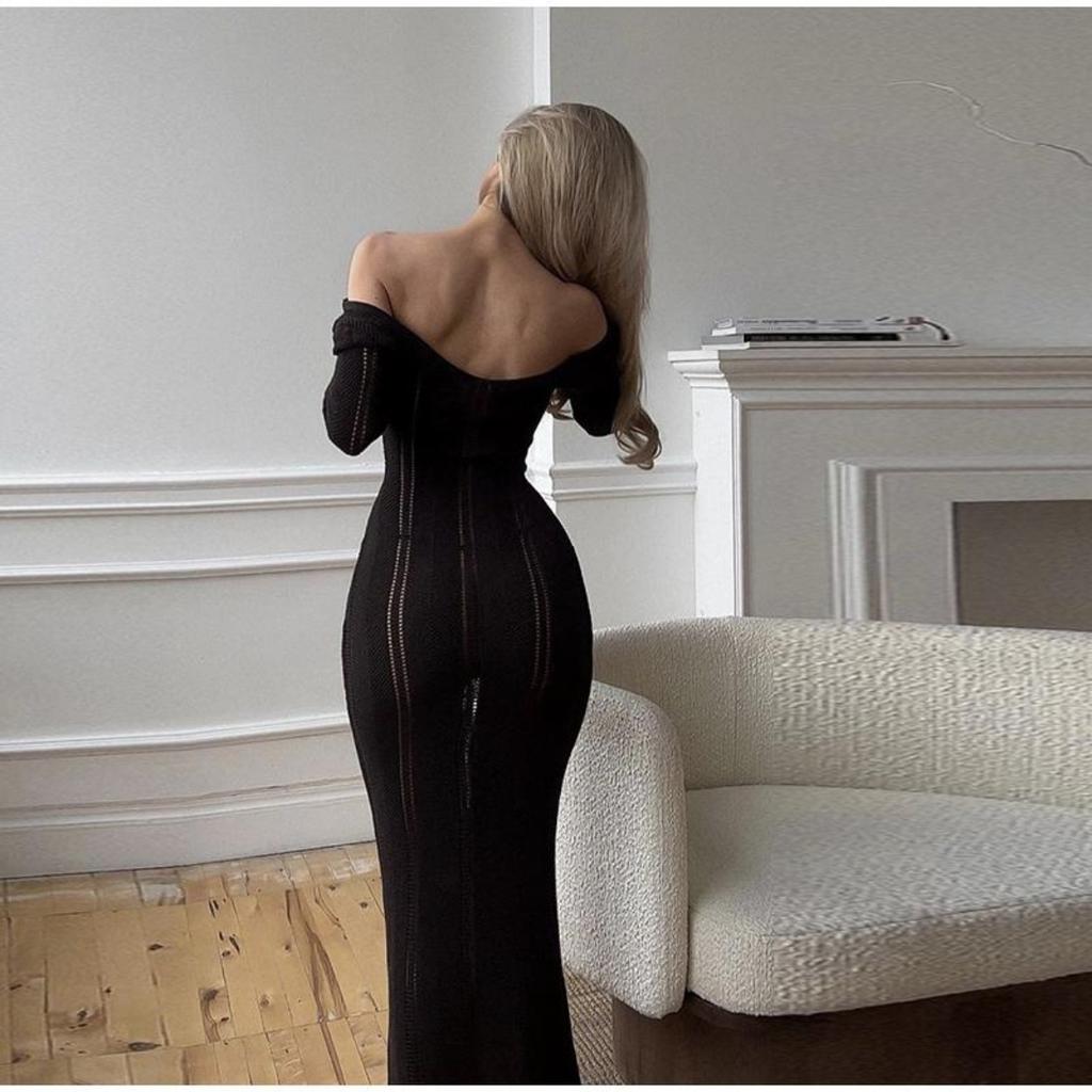 Knit Slim Round Neck Hollow Out Women Dress Summer Solid Soft Long Sleeves Lady Robe