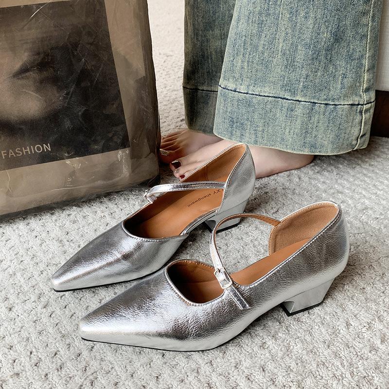 Fashion 2025 Silver Pointed Toe High Heel Mary Janes Women's Shoes Spring Autumn New Korean Style French Vintage Evening Red Thick Hee