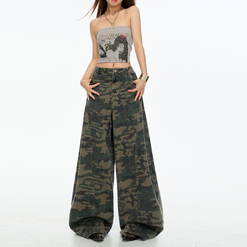 American deconstruction camouflage jeans women's autumn new loose high waist drape thin versatile scimitar wide leg pants