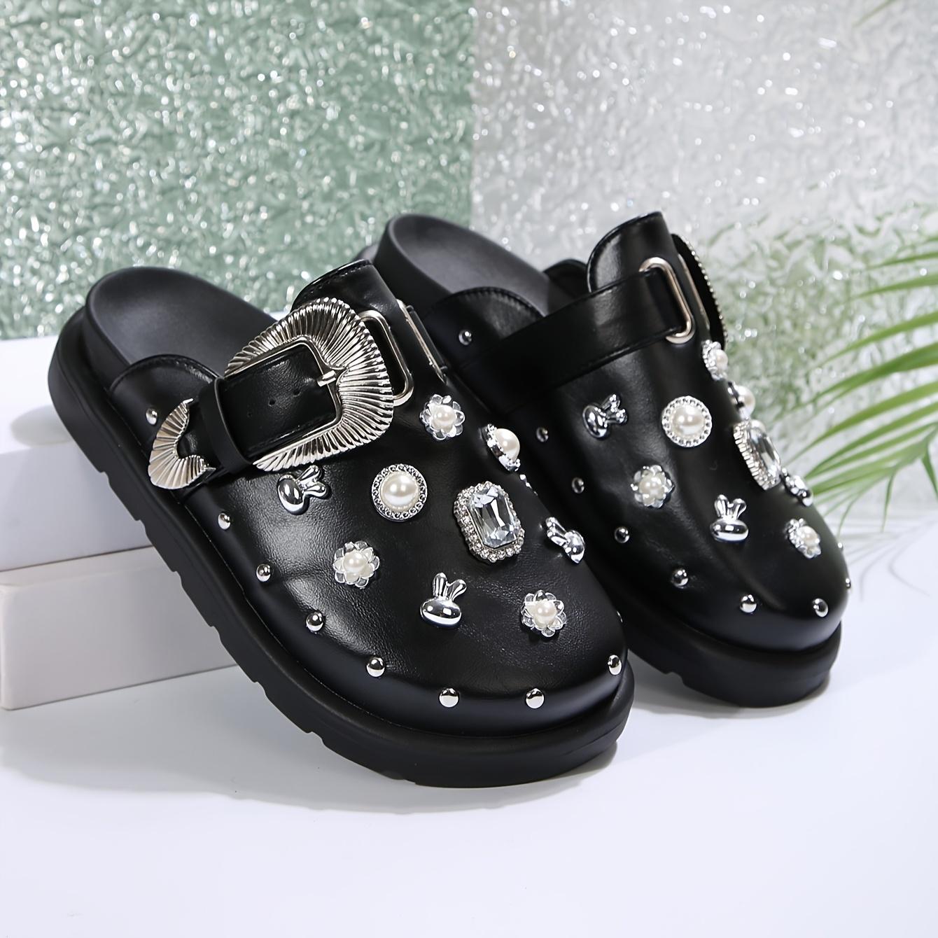 

Women s Retro British-Inspired Platform Mules with Rivet Details - Slip-On, Round Toe, Faux Cover Casual Shoes Size 35 чёрный