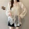 Women's White Sheer Embroidery Lantern Sleeve Blouse Loose Casual Chiffon Top