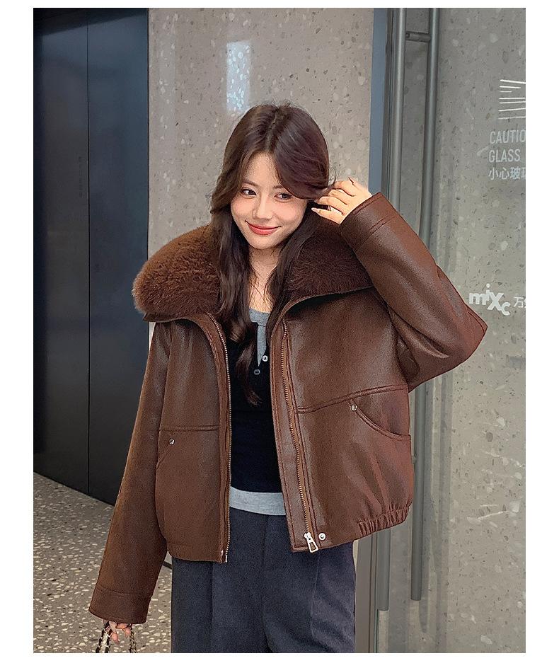 Women's Autumn Winter PU Leather Jacket, Quilted Lining Thickened Warm Cold-proof Detachable Big Faux Fur Collar Leather Coat