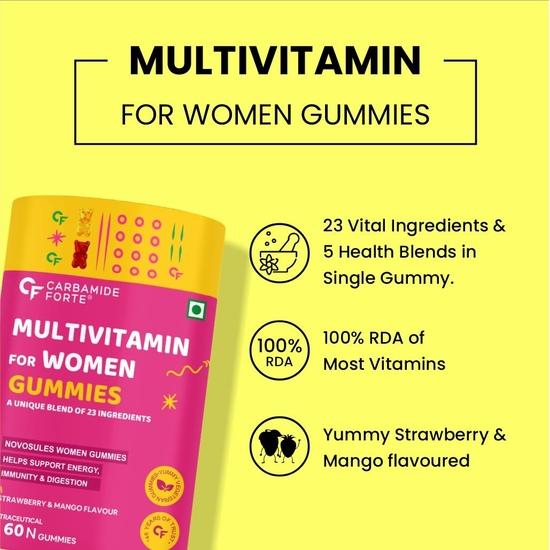 Carbamide Forte Multivitamin Gummies for Women | Multivitamin for Women' S Hair, Skin & Nails, with Biotin| 23 Ingredients - 60 Veg Gummies