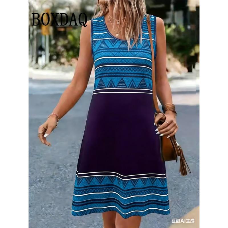 Summer Beach Tank Short Dresses Retro Casual Sleeveless A-Line Dress Women Sundress Ethnic Style 3D Printing O-Neck