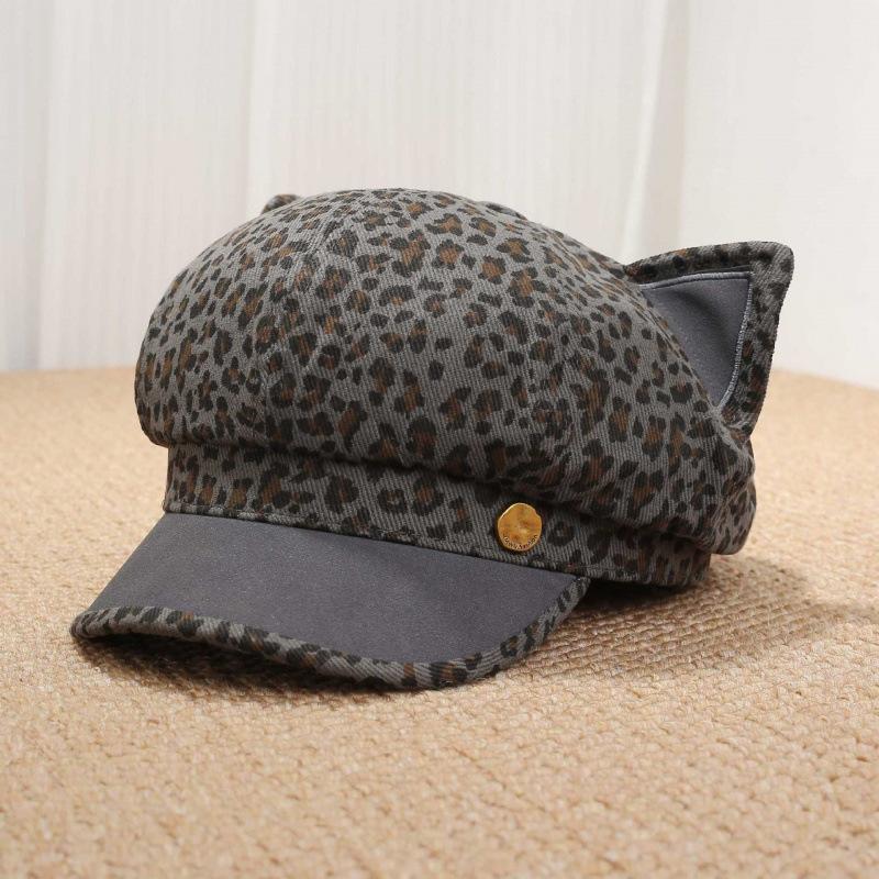 American retro leopard print kitten ears octagonal hat fashion spice girl style millennial style niche fashion versatile newsboy hat