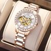 ORKINA-Automatic Watches for Women, Skeleton Mechanical Watch, Elegant Luxury Dress, Gold Gear, Diamond, White Ceramic BandGift