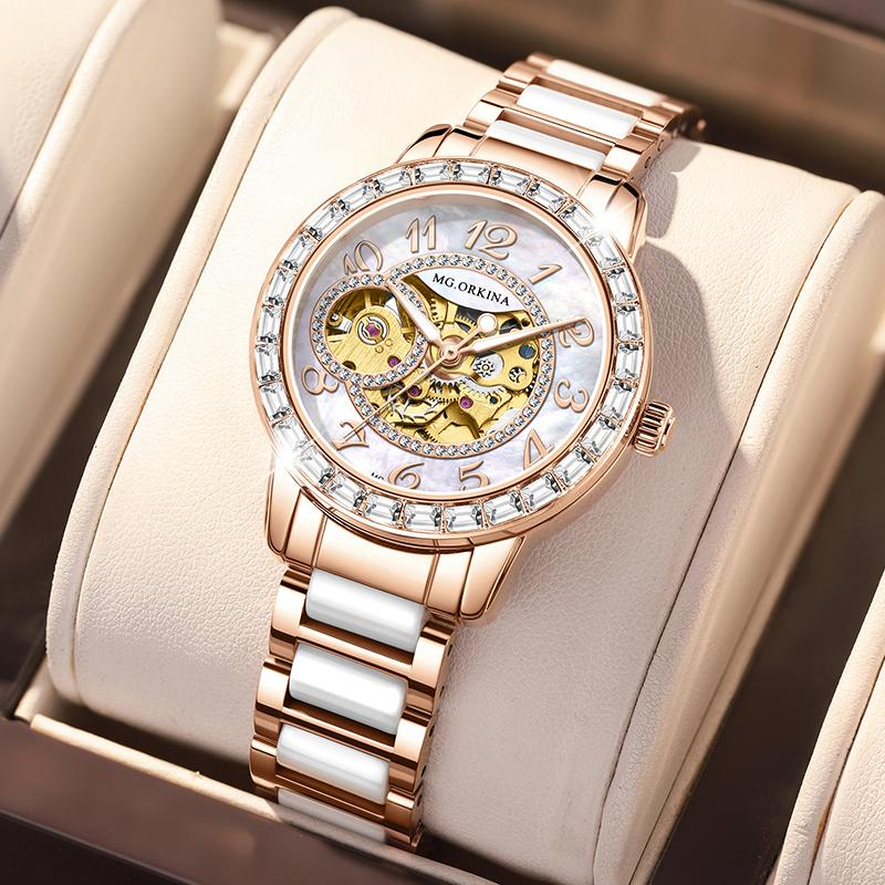 ORKINA-Automatic Watches for Women, Skeleton Mechanical Watch, Elegant Luxury Dress, Gold Gear, Diamond, White Ceramic BandGift