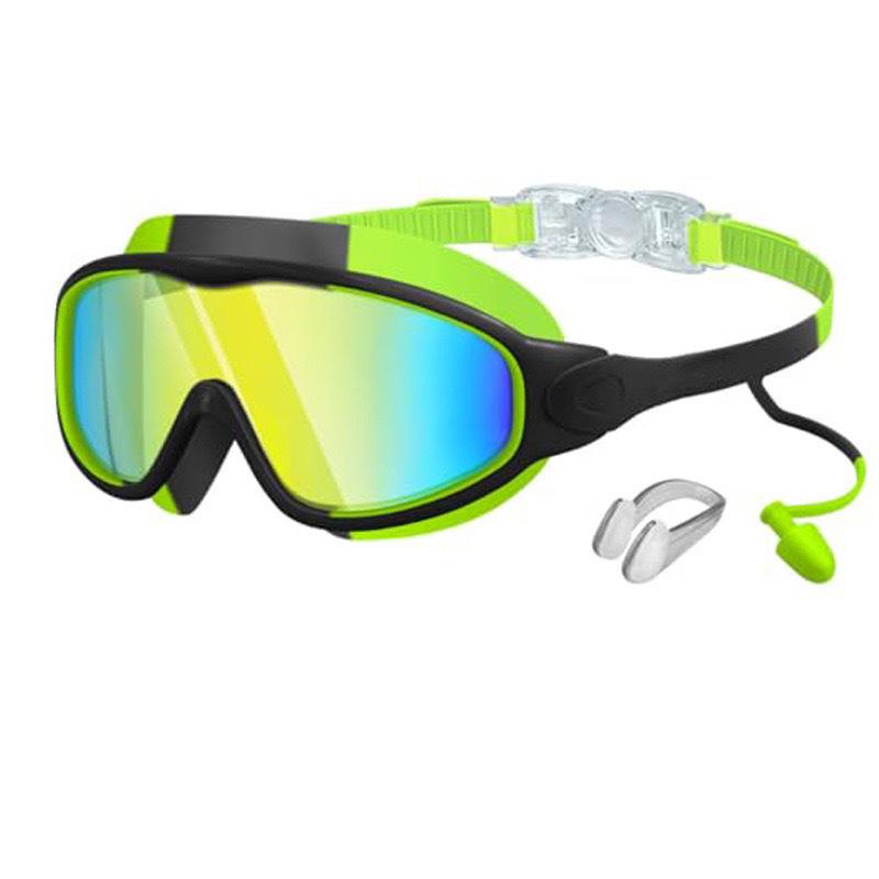 Large Frame Plated Waterproof Anti-Fog Swimming Goggles with One-Piece Earplugs for Men and Women