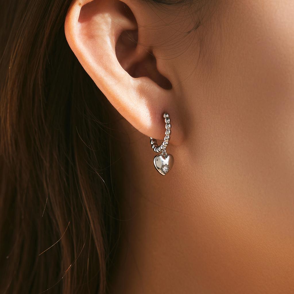 S925 Sterling Silver Beaded Hoop Earrings with Heart Dangle Zircon Heart Drop Earrings for Women Fashion Jewelry