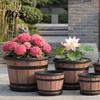 Large Plastic Flowerpot for Plants Rustic Barrel Style Plant Pots with Built-In Drainage Holes 8" Brown Plastic-Inspired Wood Finish Planter
