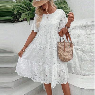Fashionable Solid Color Cotton Embroidered Lace Hollow Dress