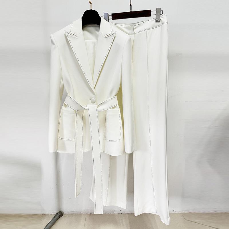 

2026 European & American Beaded Trim Waistband Suit with Long Pants - Two-Piece Set S белый