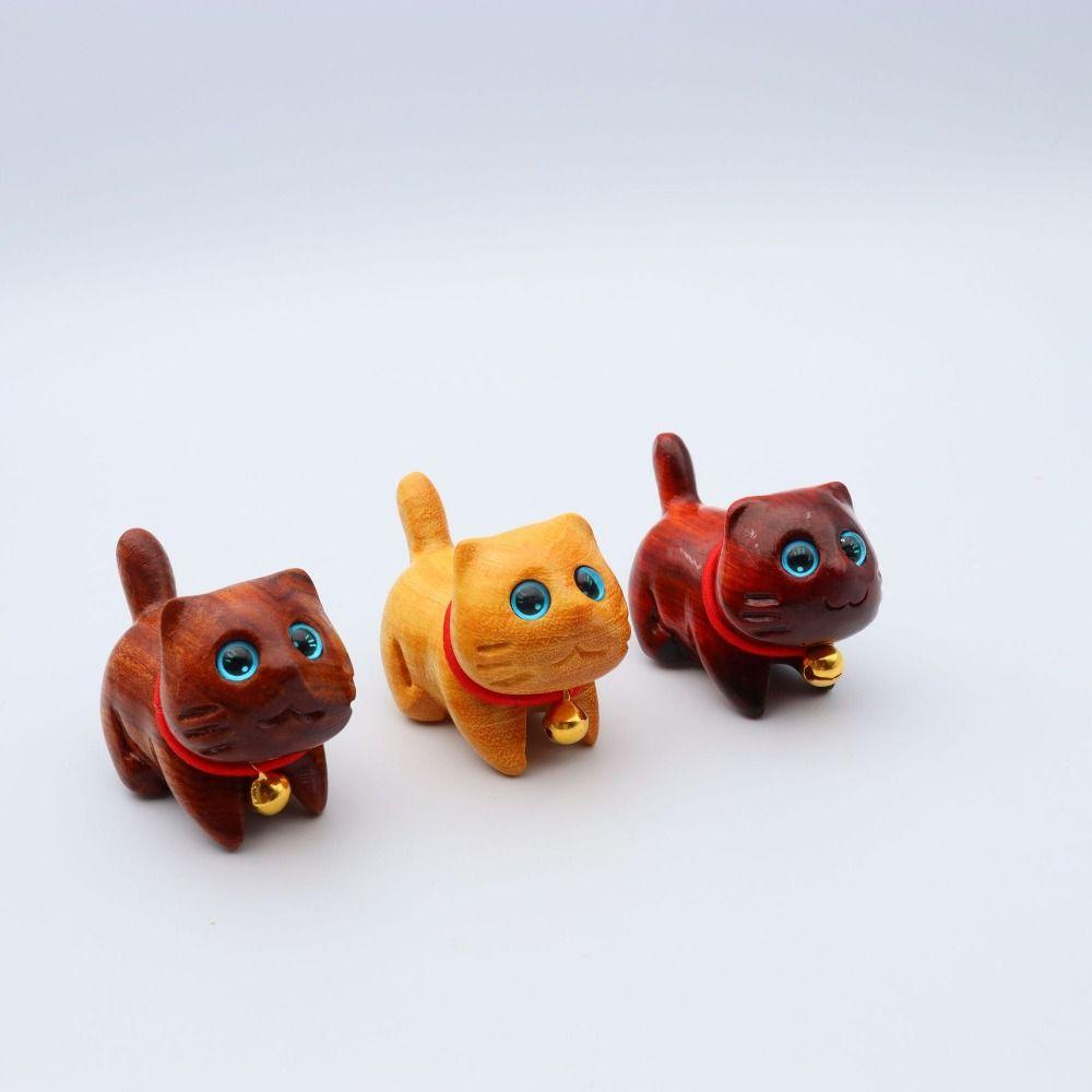 Creative Miniature Wood Cat Statue Handmade Carving Cartoon Animal Statue Cute Natural Lucky Cat Ornaments Desktop