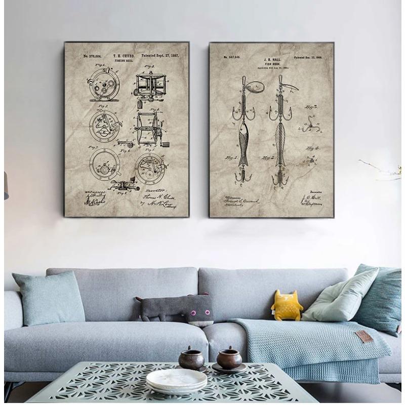 Vintage Fishing Patent Canvas Poster Fishing Tackle Equipment Painting Prints Angling Design Picture Retro Wall Art Decoration