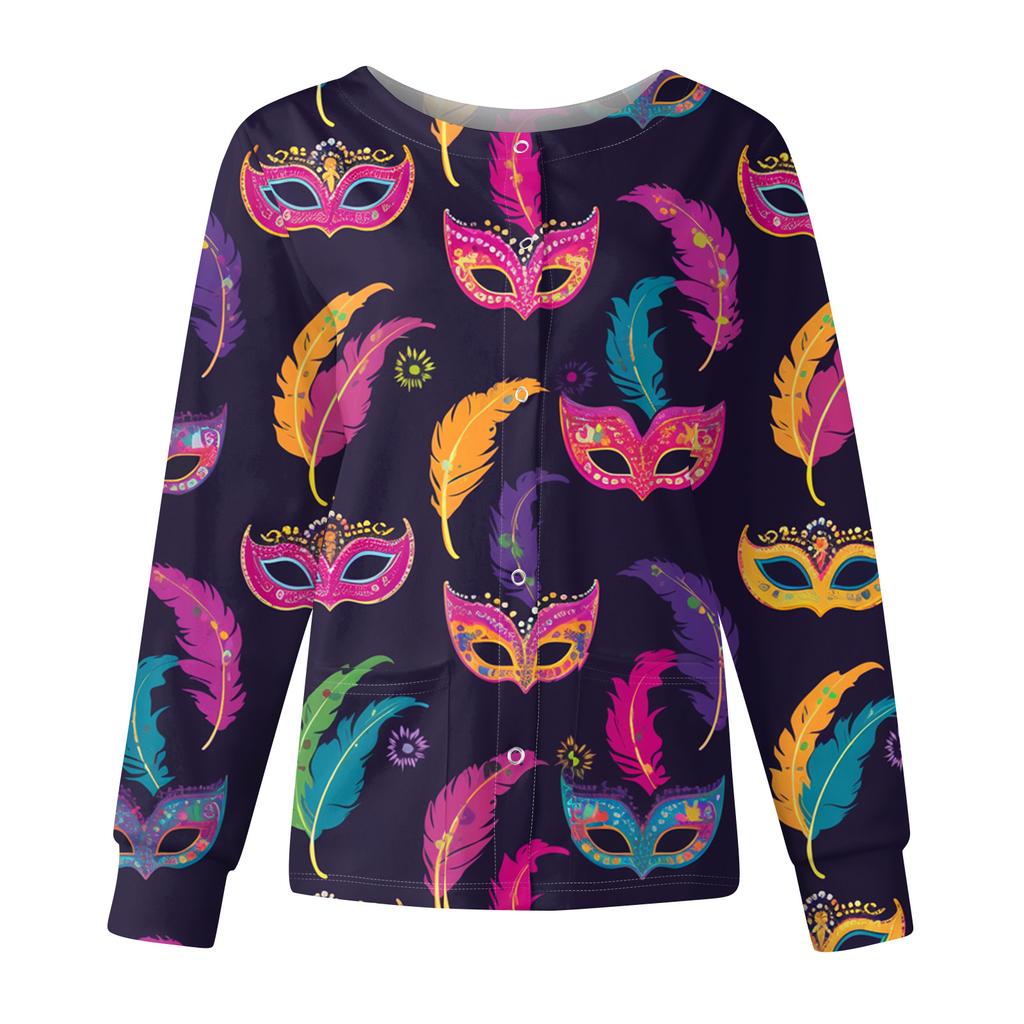 Women's Casual Fashion Long Sleeve Standing Collar Single Breasted Carnival Print Workwear Jacket Tops