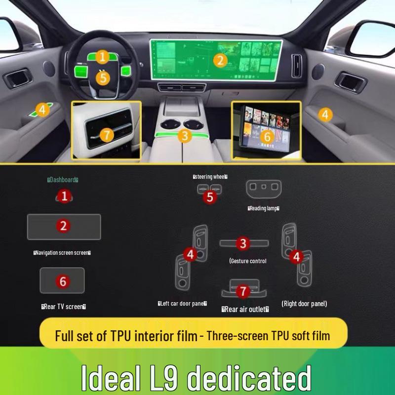 25 Model Compatible Li Auto L8/L9 Interior Film: Gear Shift, A/C Central Control, Dashboard Transparent TPU Protector