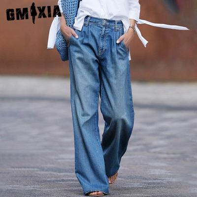 Calça jeans feminina retrô cintura alta emagrecimento perna larga calça jeans solta comprimento até o chão