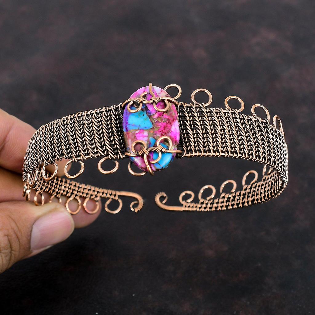 Kingman Pink Dahlia Turquoise Bangle Copper Wire Wrapped Gemstone Cuff Bracelet Adjustable Bangle Handmade Copper Wire Jewelry Wedding Gift