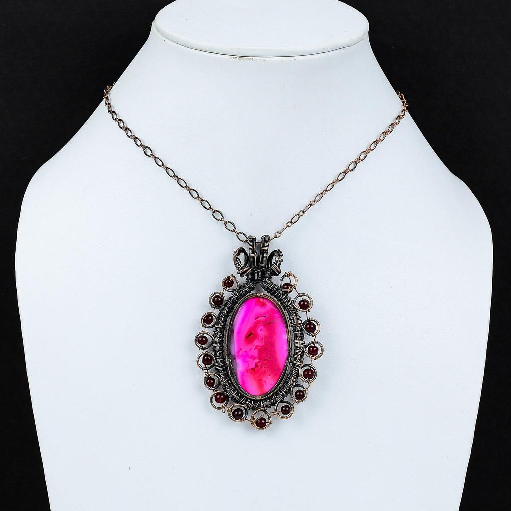 Pink Dendrite Opal Gemstone Pure Copper Wire Wrapped Handmade Pendant Jewelry