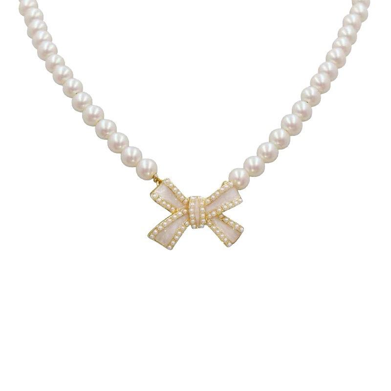 Trend Elegant Jewelry Wedding White Oil Bow Pendant Necklace For Women White Imitation Pearl Choker Necklace N0430