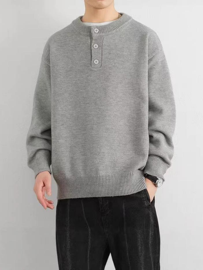 Boys' Light Grey Sweater - Autumn/Winter Trendy Brand Loose Button Knitwear