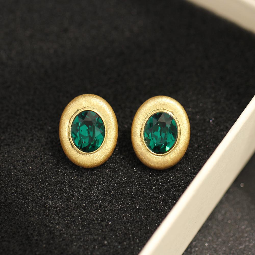 Medieval Style Old Brushed Craft Frosted Gold Oval Earrings Green Crystal Geometric Versatile Silver Needle Stud Earrings Girl