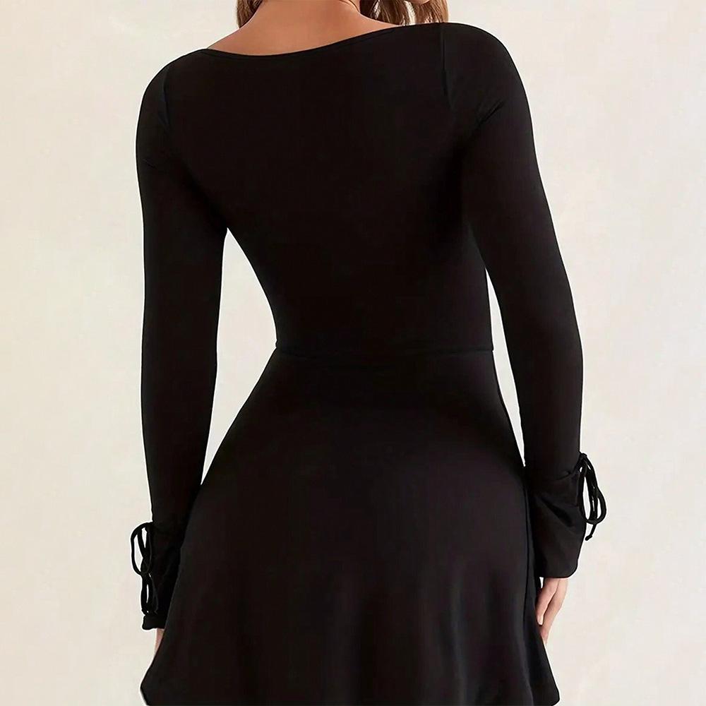 European & American Style Red Square Neck Dress for Women - Autumn/Winter High Waist, Versatile A-line with Slit