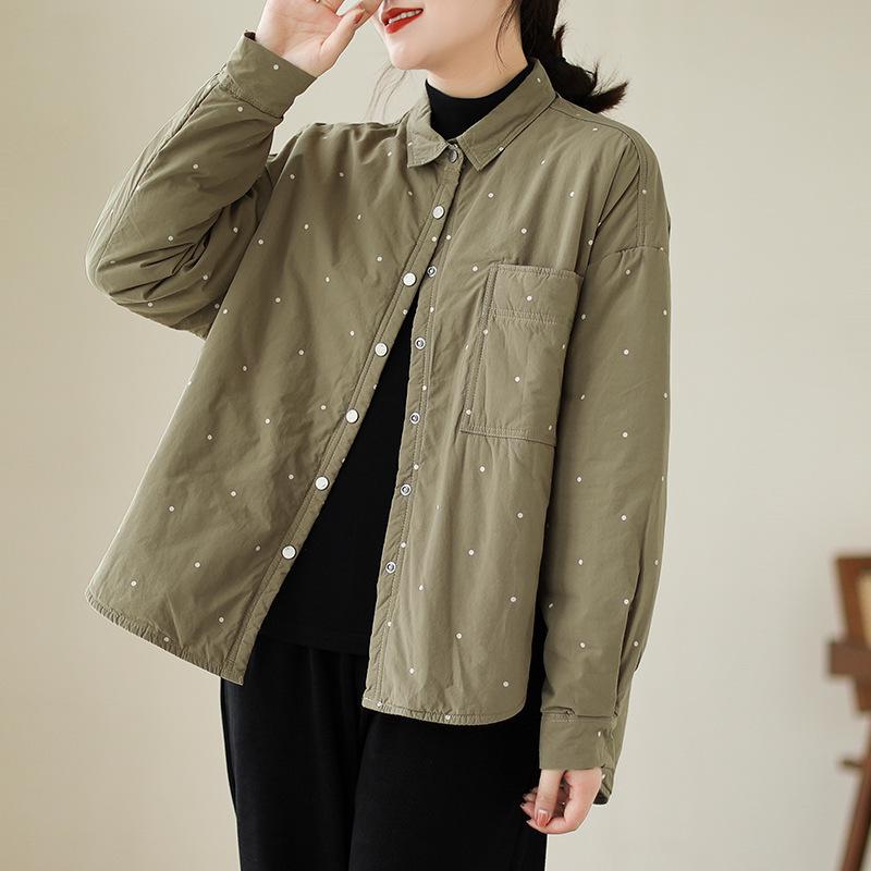 Gesteppte Polka-Dot-Print Damen Übergröße Baumwoll-Hemdjacke