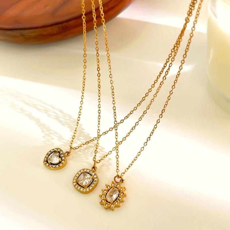 Versatile Geometric Charm Necklace With Sparkling Rhinestones Stainless Steel Clavicle Chain Adjustable Jewelry