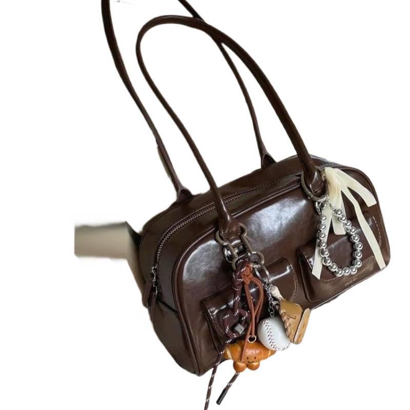 Brown Retro Korean Women's Bowling Handbag - Large Capacity, Shoulder Bag for Autumn and Winter