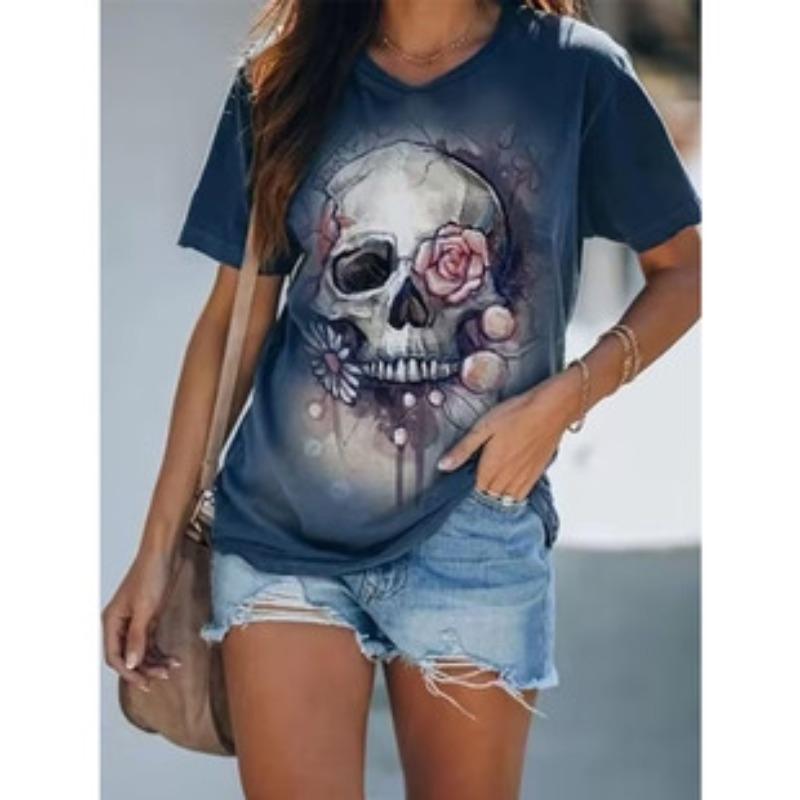Summer Round Neck 3D Kull Print Top Fashionable Casual Short Sleeved Women's T-shirts