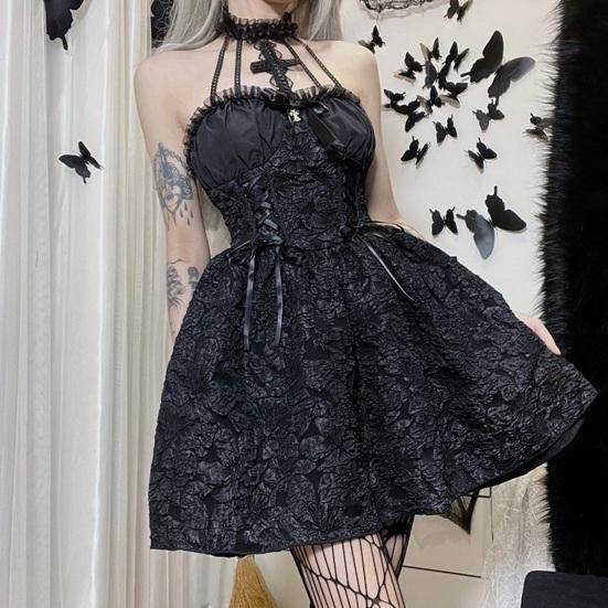 Women's Sleeveless Gothic Lace Dress Vintage Corset Halter Swing Cocktail Dress Victorian Style Black Lolita Punk Dress