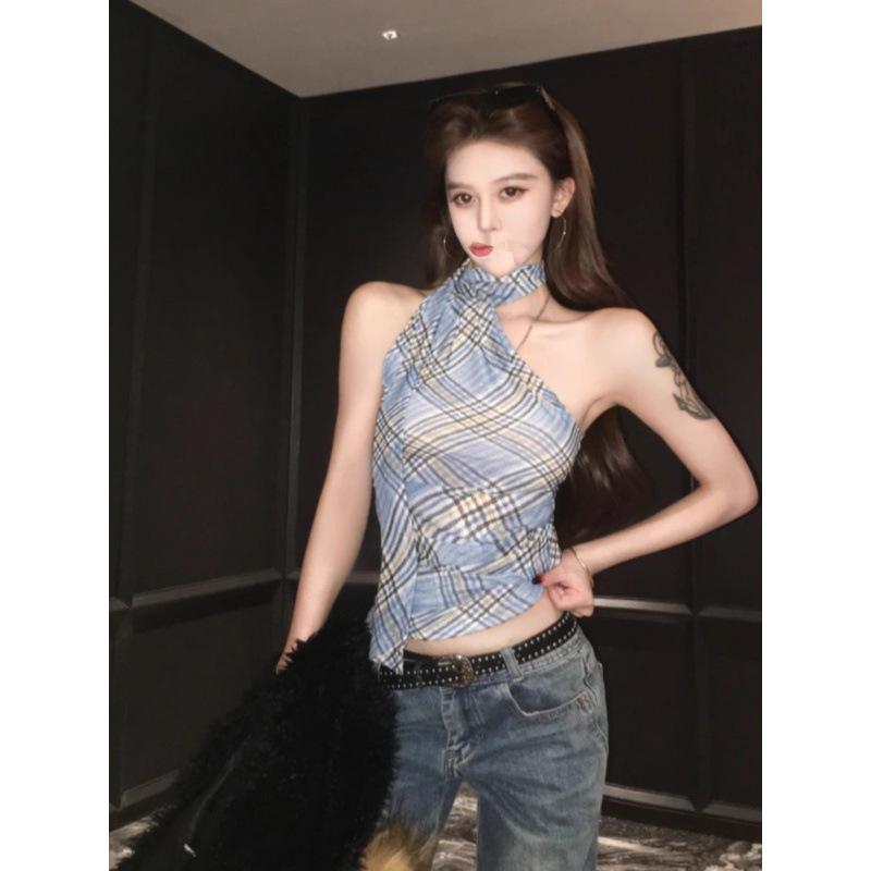 Spice girl sexy neck sleeveless top women's summer new design irregular plaid suspender vest bottoming shirt