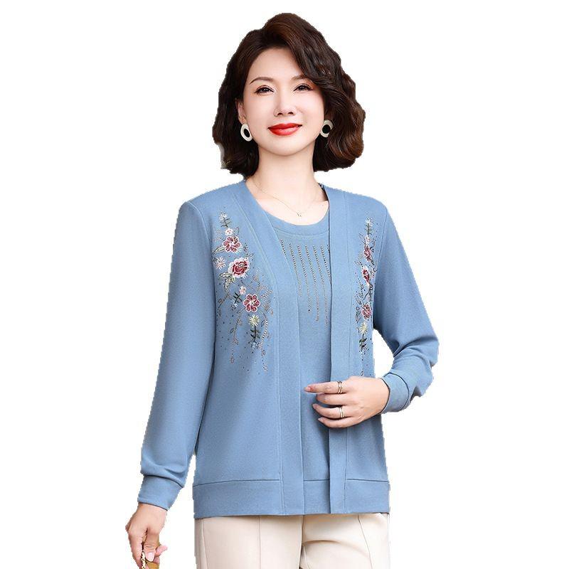 Spring Spliced Knit Blouse for Women Aged 40-60 - Faux Two-Piece Sweater Design