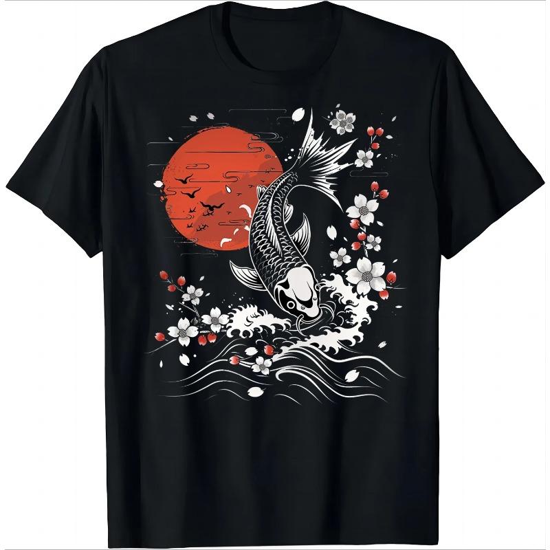 Sakura Koi Fish Japanese Sakura Pattern Art T-shirt Fashion O-neck Top T-shirt Women's Cotton Printed T-shirt Fashion Harajuku
