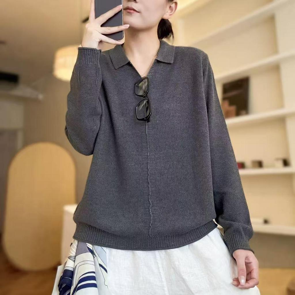 2026 Autumn New Simple Solid Color Knit Patchwork Sweater with Loose Lapel Pullover