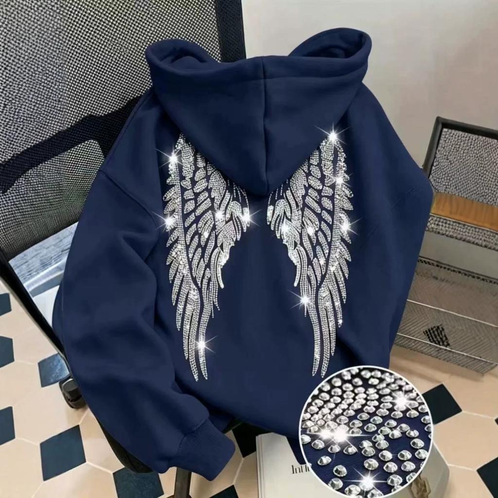 Hanorac cu glugă și mânecă lungă pentru femei, croială regulată, hoodie casual, pulover cu imprimeu aripi cu strasuri, poliester, îmbrăcăminte exterioară fashion