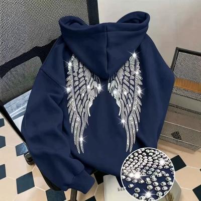 Women's Hooded Long Sleeve Sweatshirt Regular Fit Casual Hoodie Wing Rhinestone Print Pullover Polyester Fashion Outerwear