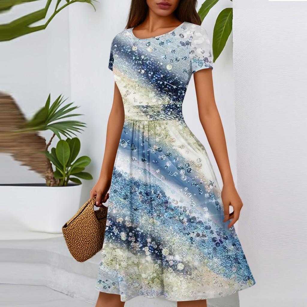 Women's Casual Fashion Round Neck Pleated Short Sleeve Floral Print A-Line Midi Dress