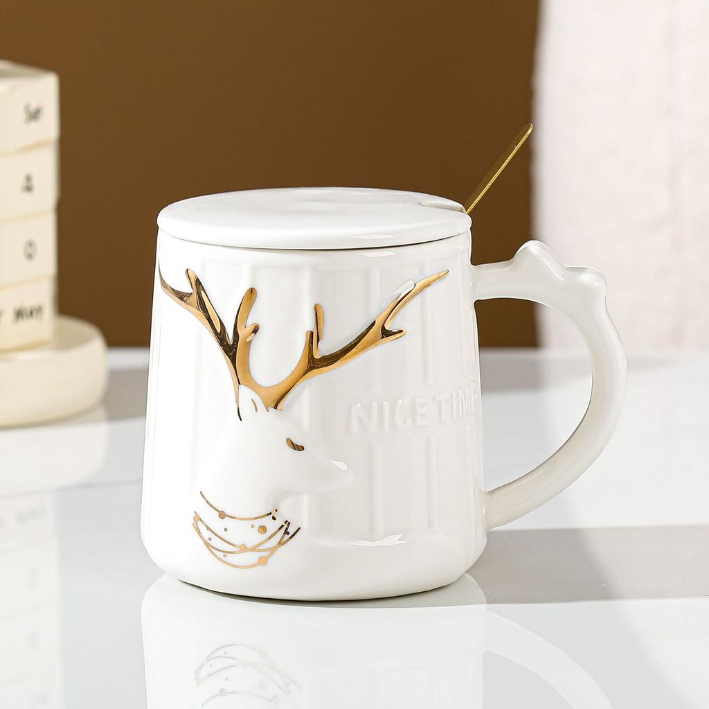 Ceramic Cup Mug With Lid Spoon Gift Cup Household Water Cup Girls Office Coffee Cup Opening Small Gift