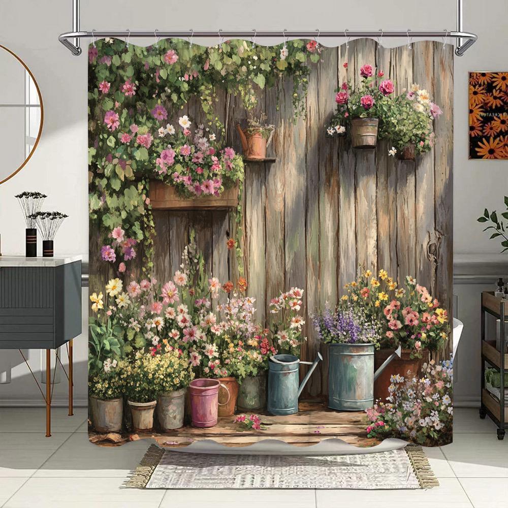 Whimsical Garden Shower Curtain - Colorful Flowers & Rustic Wooden Fence, Cottage-Themed Bathroom Decor