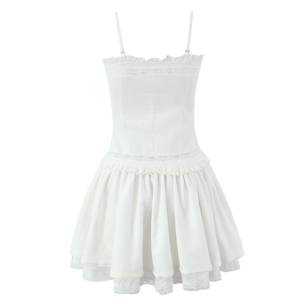 French pure desire fungus lace pleated white suspender dress women's lace splicing temperament waist A-word short skirt