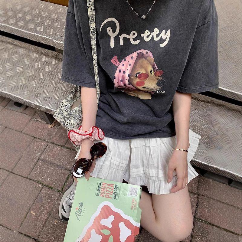 

Plus-Size American-Style Fun Dog Print Vintage Loose Oversized Washed Short-Sleeve T-Shirt for Women, Summer Large Size Top, 2-300 Pieces Washed Black M [Recommendation 40-50kg]